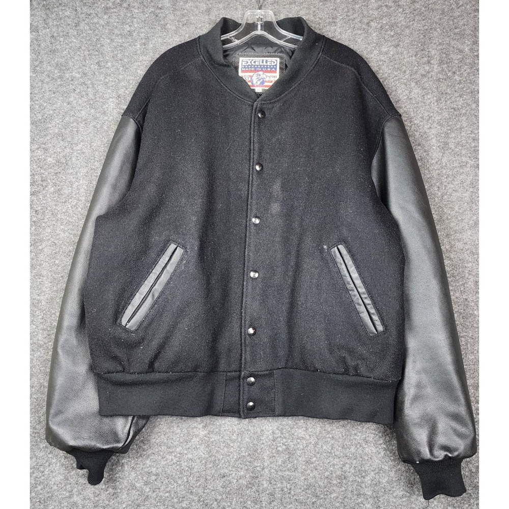 Excelled Varsity Jacket Mens XL Black Wool Leather Sleeves Made in USA Vintage